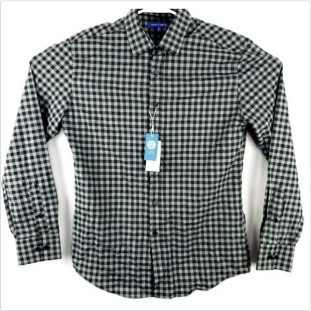 New Vince Camuto Mens Black Gray Medium Button Front Dress Shirt Checks